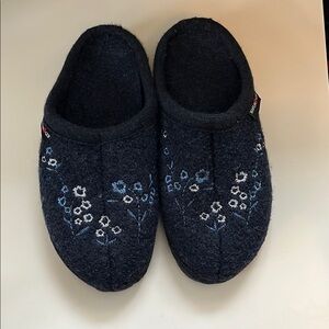 Haflinger boiled wool navy slippers with embroidered flowers. Never worn.